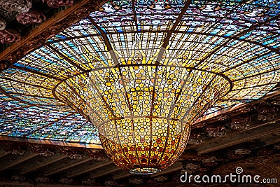 Stained-glass inverted dome of the Palau de la Musica Catalana, Concert Hall by Lluis Domenech i Montaner. Barcelona, Catalonia. Stock Photo
